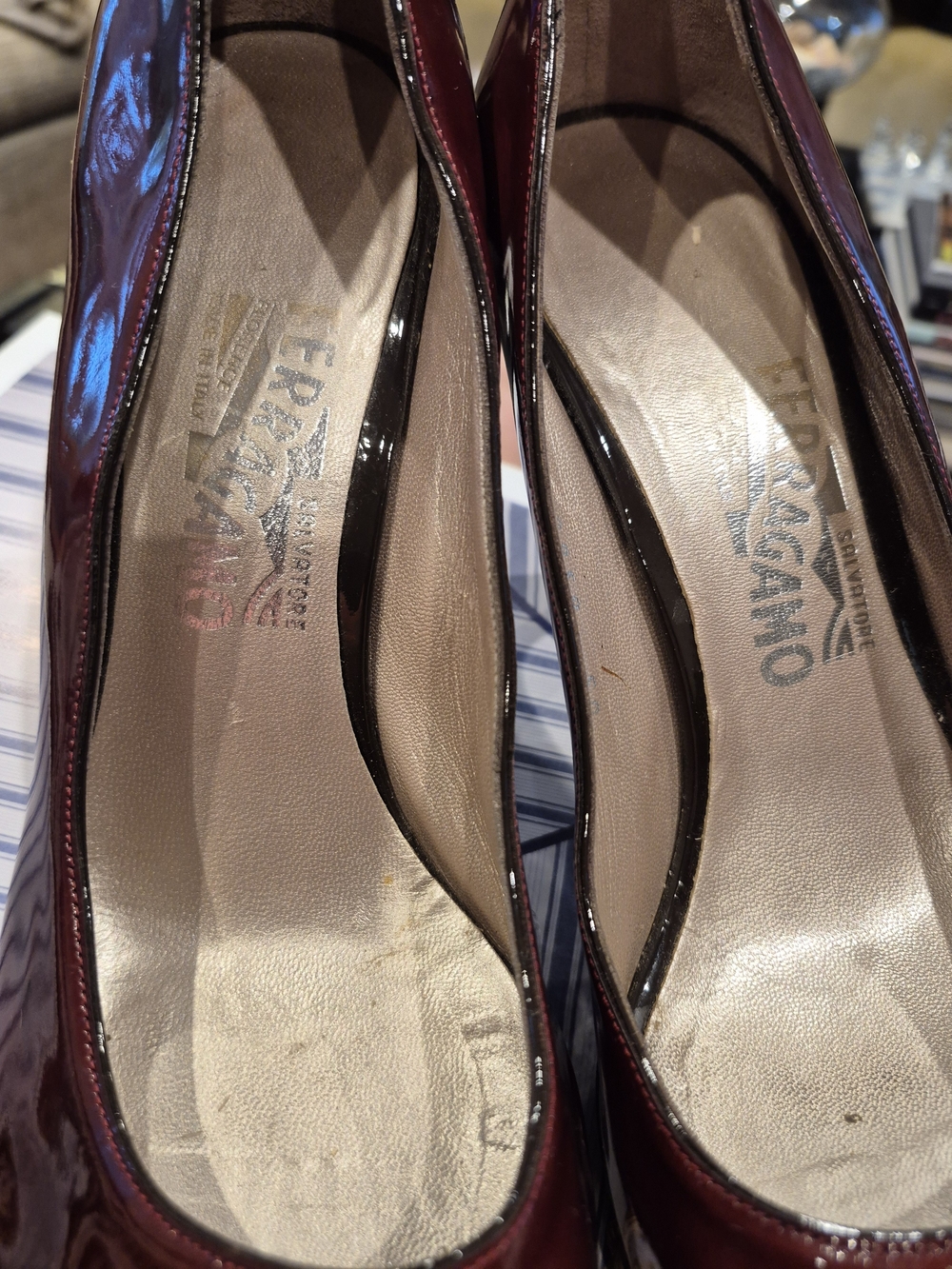 Salvatore Ferragamo Women's Burgundy Patent Peep-Toe Pumps - Picture 6 of 12